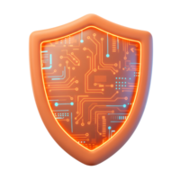Orange electronic shield with circuit board pattern represents security and protection against cyber threats, often used for digital safety. png