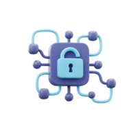 A 3D render shows a light blue, open padlock sitting atop a violet computer chip surrounded by connectors, useful for illustrating cybersecurity concepts. png