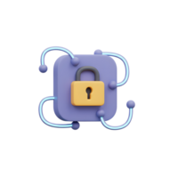A 3D rendering shows a gold padlock on a purple block with neon accents, symbolizing data protection and privacy. png