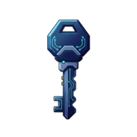 A futuristic looking blue key with glowing circuit patterns is designed for security applications. png