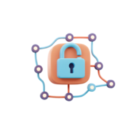 A 3D rendered image shows an unlocked blue padlock surrounded by blue and orange wires connected with dots, representing a network's security and vulnerability analysis. png