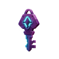 A purple key with glowing diamond and sparkles is displayed, often used in games. png