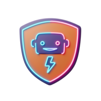 A robot head and lightning bolt are displayed on a shield with a neon outline to represent protection and power. png