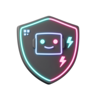 A digital shield decorated with a robot face and lightning bolts illustrates cybersecurity, data protection, or software safety. png