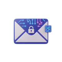 A 3D render of an envelope with a padlock and circuit board pattern represents a secure email, emphasizing data protection and privacy in digital communications. png