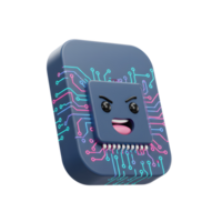 A cartoon microchip character with an angry expression is shown with circuit board design, making it suitable for digital interfaces. png