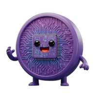A cheerful cartoon coin featuring a circuit board design smiles and waves its hand, ideal for illustrating technology or digital currency concepts. png