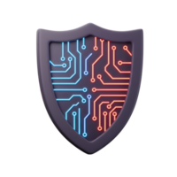 A 3D shield displays a circuit board design with blue and orange lines, symbolizing digital security and data protection. png