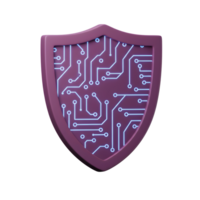 A purple shield with a luminous blue circuit board design protects against cyber threats and data breaches. png