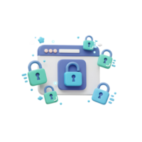 A 3D illustration shows padlocks surrounding a website window, representing online security and data protection. png