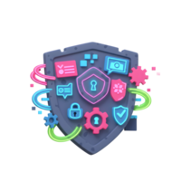 A cyber security shield protects data with neon elements like locks and gears, signifying secure technology for safeguarding information. png