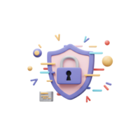 A 3D shield with a lock symbolizes data protection and security measures, suitable for presentations or website graphics. png