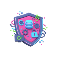 A shield protects data and settings with database, gears, lock icon and neon lights, showing its use in data protection and security. png