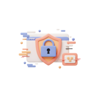 This stylized 3D rendering shows a padlock on a shield, placed in front of a website graphic, representing secure online activity for secure website access. png