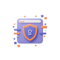 3D shield icon displayed on a browser window with floating shapes symbolizes internet security, intended for website design. png