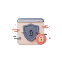 A webpage is secured with a shield and padlock, representing security and protection for online information and transactions. png