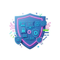 This illustration of a security shield with computer and tech icons represents cyber security in a modern, digital style for protection. png