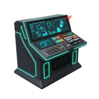 A futuristic console features a variety of screens, buttons, and a sleek design with glowing cyan lines, suitable for use in science fiction or gaming contexts. png