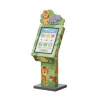 A cartoon style interactive kiosk featuring animals like tiger, elephant, giraffe and bear is displayed on a green surface for information. png