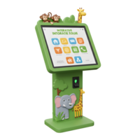 A green interactive information kiosk is decorated with zoo animal figures, offering an engaging experience for visitors. png
