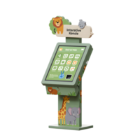 A green interactive kiosk features animal decorations like a lion, elephant and giraffe, offering a fun and engaging experience for children. png