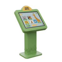 An interactive animal learning kiosk with a touch screen displays animal images and text in an educational setting. png