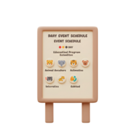 A light beige event schedule board features animal icons and text, suggesting activities or learning programs are available for daily planning. png