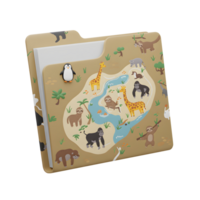 A tan folder features various animals and includes a penguin clip, ideal for organizing documents and files. png