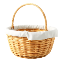 A beautifully woven picnic basket with a handle and white cloth lining png