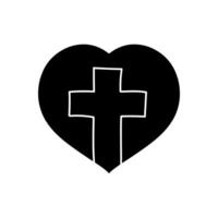 Christian cross inside heart shape black hand drawn icon vector