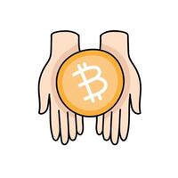 hand holding bitcoin cryptocurerency hand drawn color illustration vector
