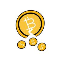 bitcoin cryptocurerency coin and dollar hand drawn color illustration vector