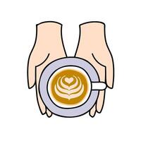 hand holding latte art coffee cup hand drawn color illustration vector