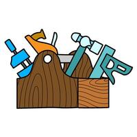 tools in wooden toolbox hand drawn color illustration vector