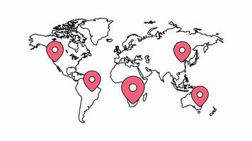 World map with countries borders and red location pointers in outline black map. 4k screen looping animation video
