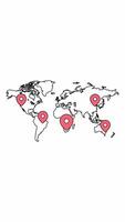 World map with countries borders and red location pointers in outline black map. Vertical screen looping animation video