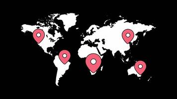 World map with countries borders and red location pointers in outline black map. 4k screen black background looping animation video