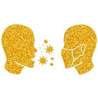 Masked man and sick man icon face mask protection drawing in gold color style vector