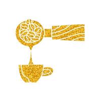 Coffee machine portafilter pouring liquid into cup drawing in gold color style vector