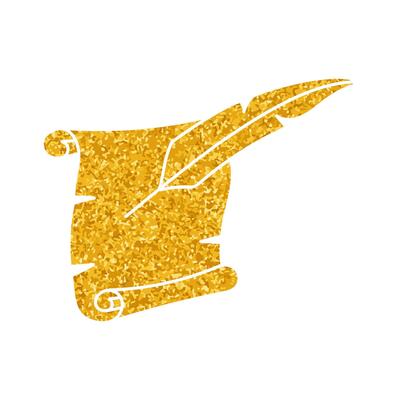 Vintage parchment and feather ink pen drawing in gold color style