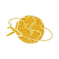 Airplane orbiting earth drawing in gold color style vector
