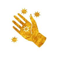 Viruses on human hand palm drawing in realistic gold color style vector