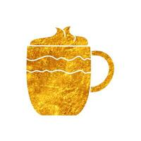 Coffee with topping in a cup drawing in realistic gold color style vector