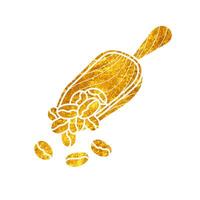 Coffee bean and wooden scoop drawing in realistic gold color style vector