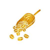 Coffee bean and scoop drawing in realistic gold color style vector