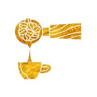 Coffee machine portafilter pouring liquid into cup drawing in realistic gold color style vector