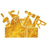 Tools in wooden toolbox drawing in realistic gold color style vector