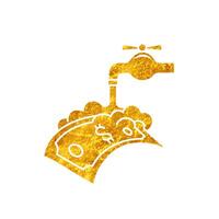 Money washing faucet drawing in realistic gold color style vector