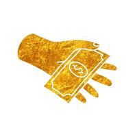 Hand holding money drawing in realistic gold color style vector