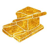 Bread slice on wooden tray drawing in realistic gold color style vector